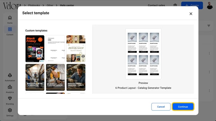 Select template window with a layout preview and the Continue button highlighted
