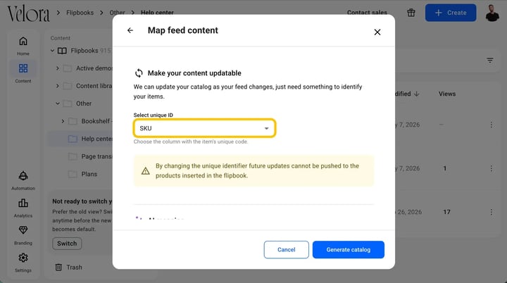 Map feed content step with the Select unique ID dropdown highlighted