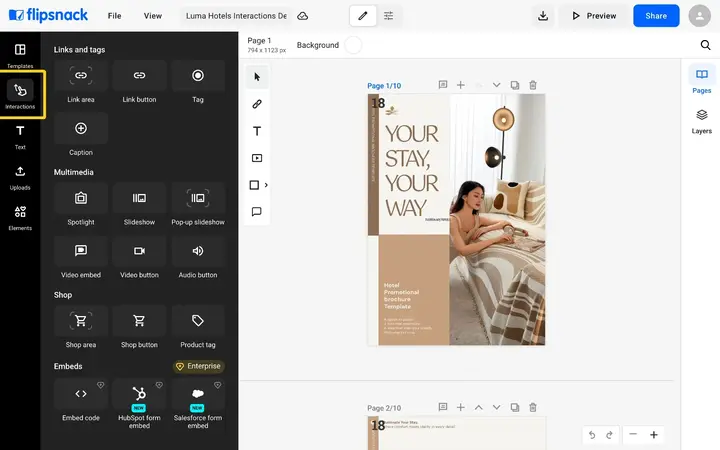 The Interactions tab highlighted in the Design Studio left menu, with the list of interactive elements open beside the page