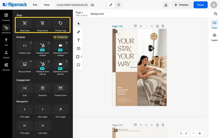 The Shop section of the Interactions tab with Shop area, Shop button and Product tag highlighted
