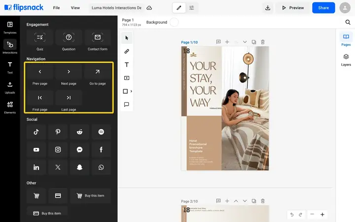 The Navigation section with Prev page, Next page, Go to page, First page and Last page highlighted
