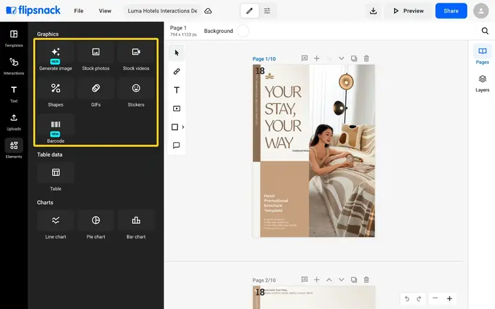 The Elements tab with the Graphics section highlighted: Generate image, Stock photos, Stock videos, Shapes, GIFs, Stickers and Barcode