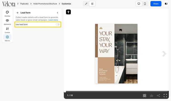 Customize, Add-ons, Lead form panel with the Use lead form switch highlighted (step 1)