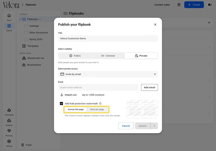 The Publish your flipbook dialog set to Private, with Invite by email chosen under Select private access and Add leak protection watermark ticked above the Across the page and Once per page buttons.
