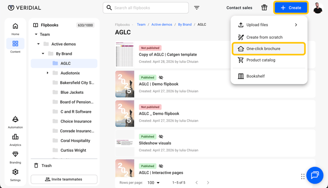 Click Create and select One-click brochure in Flipsnack