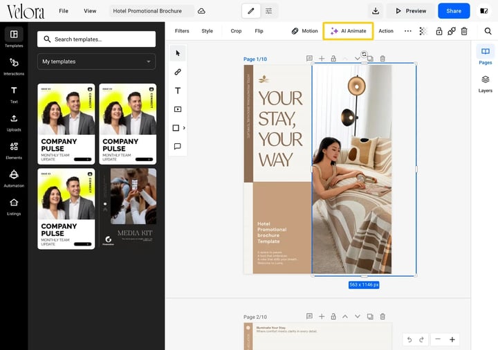 The image toolbar in Design Studio with AI Animate highlighted between Motion and Action, above a selected image.