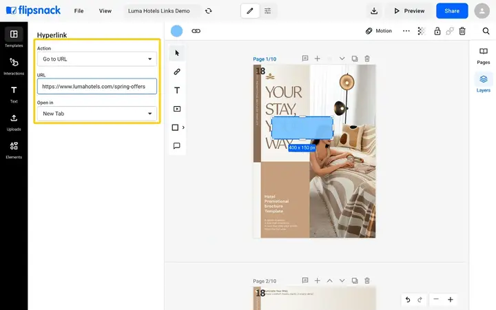 The Hyperlink panel with Go to URL chosen, a URL filled in and Open in set to New Tab