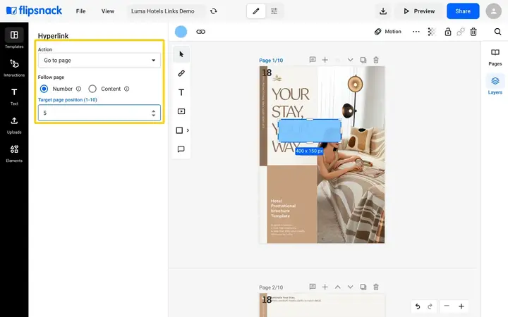 The Hyperlink panel with Go to page chosen, Follow page set to Number and the target page position set to 5