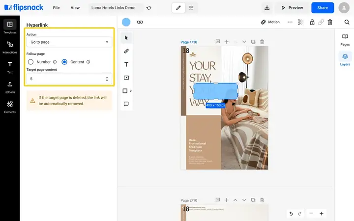 The Hyperlink panel with Go to page set to Content, with a warning that the link is removed if the target page is deleted