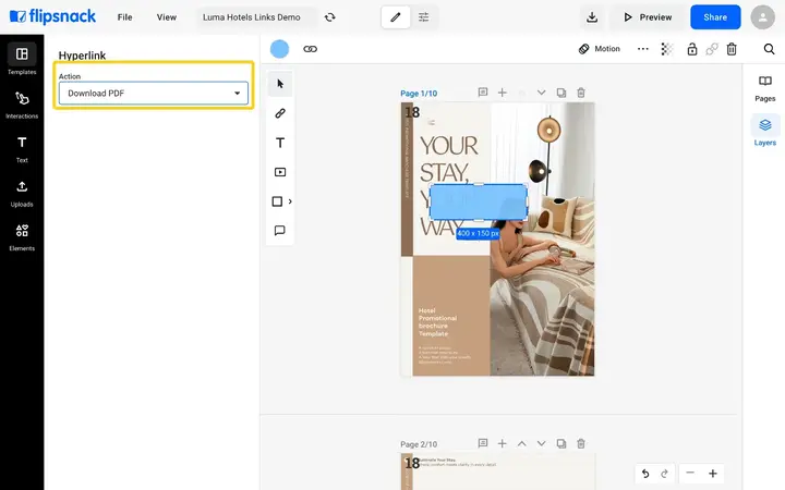 The Hyperlink panel with Download PDF chosen, which has no further settings