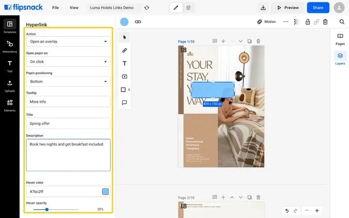 The Hyperlink panel with Open an overlay chosen, showing Open popin on, Popin positioning, Tooltip, Title, Description, Hover color and Hover opacity