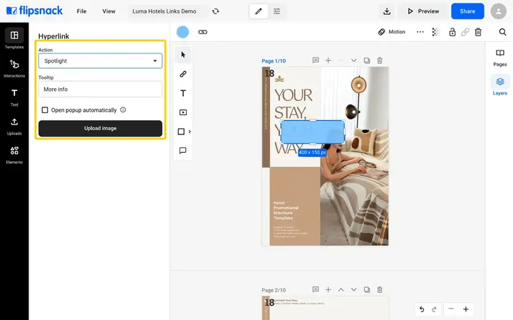The Hyperlink panel with Spotlight chosen, showing Tooltip, Open popup automatically and the Upload image button