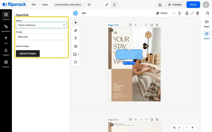 The Hyperlink panel with Photo slideshow chosen, showing Tooltip and the Upload images button