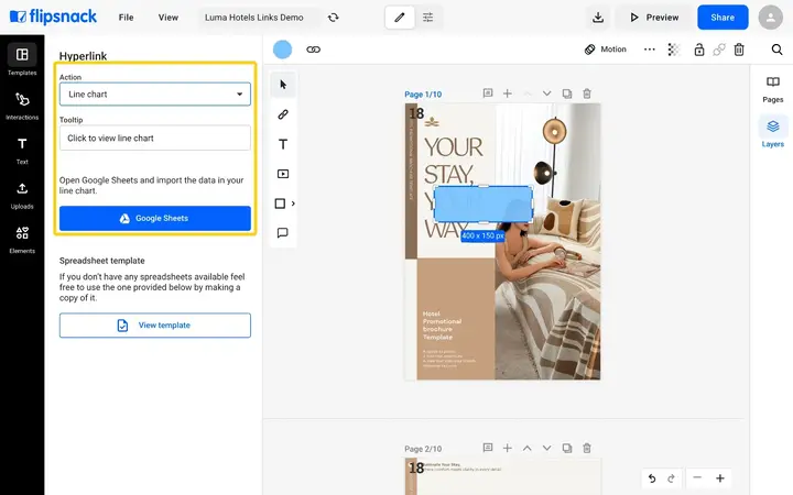 The Hyperlink panel with Line chart chosen, showing Tooltip, the Google Sheets button and a spreadsheet template