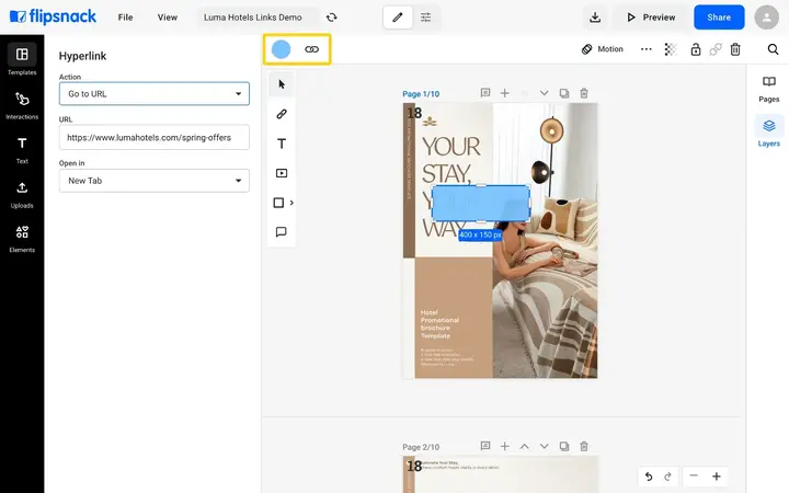 The top bar of the Design Studio with a link selected, the color circle and the link icon highlighted