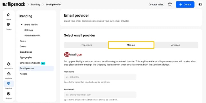 The Email provider page under Branding, with the Mailgun icon selected.