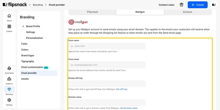 The empty Mailgun credential form on the Email provider page.