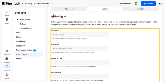The empty Mailgun credential form on the Email provider page.