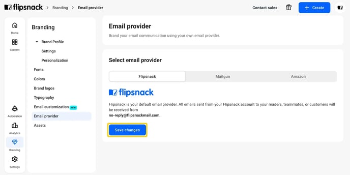 Switching the sender back to Flipsnack, then Save changes.