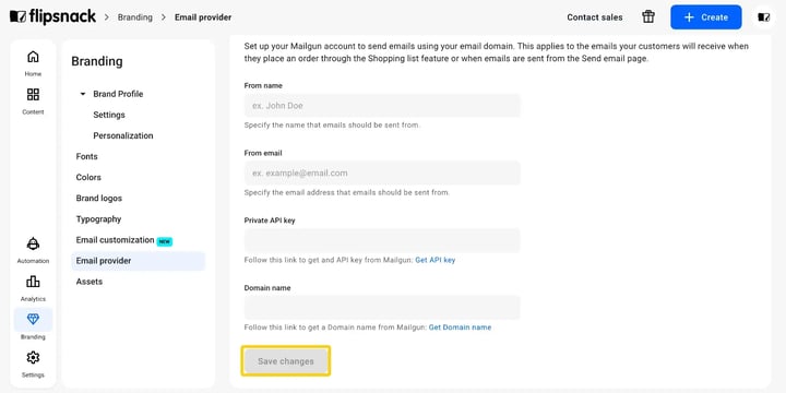 The Save changes button on the Email provider page.