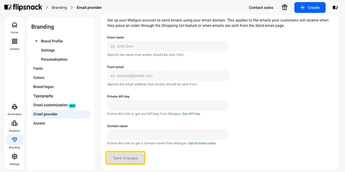 The Save changes button on the Email provider page.