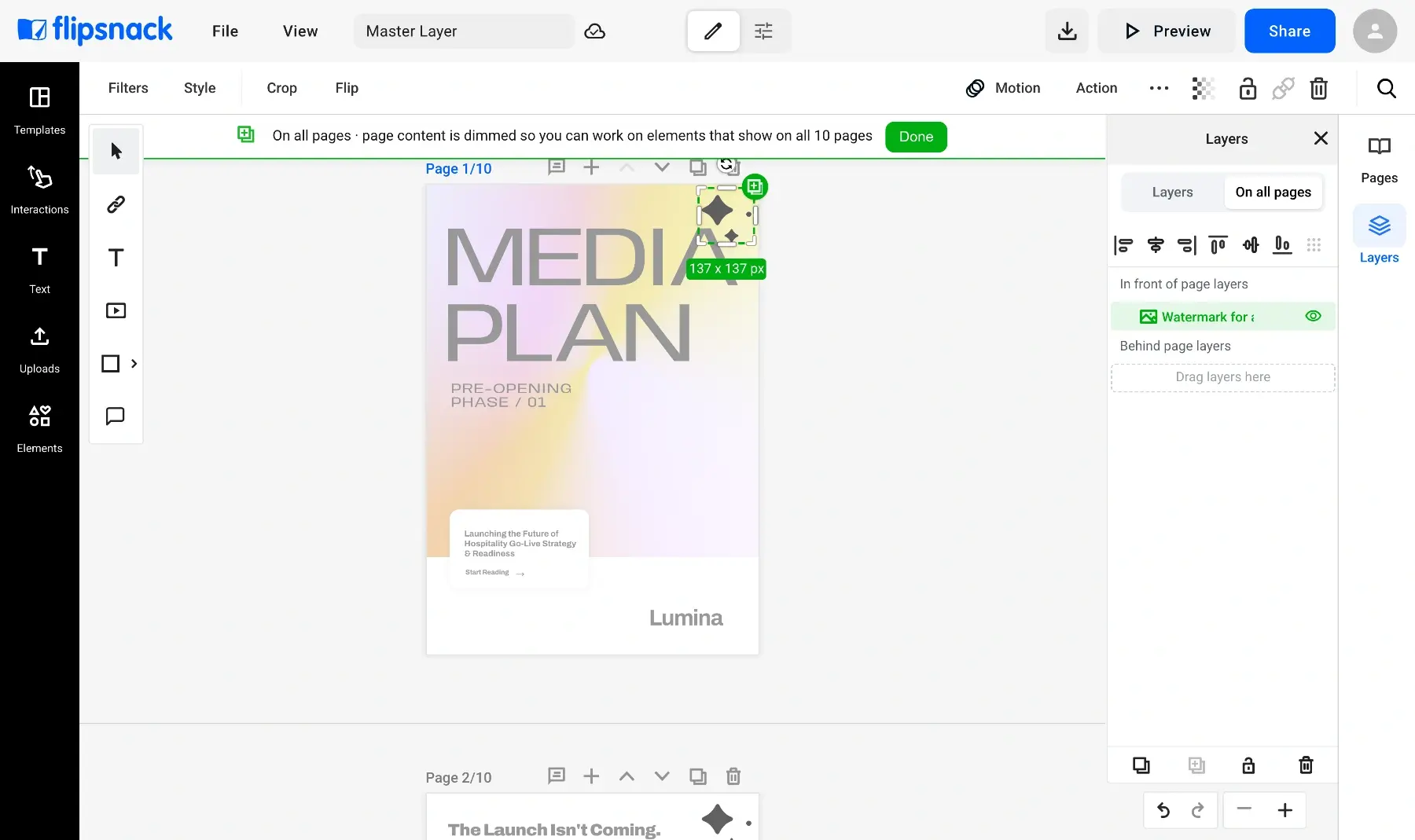 A master layer selected in the Flipsnack Design Studio, showing a green outline around it