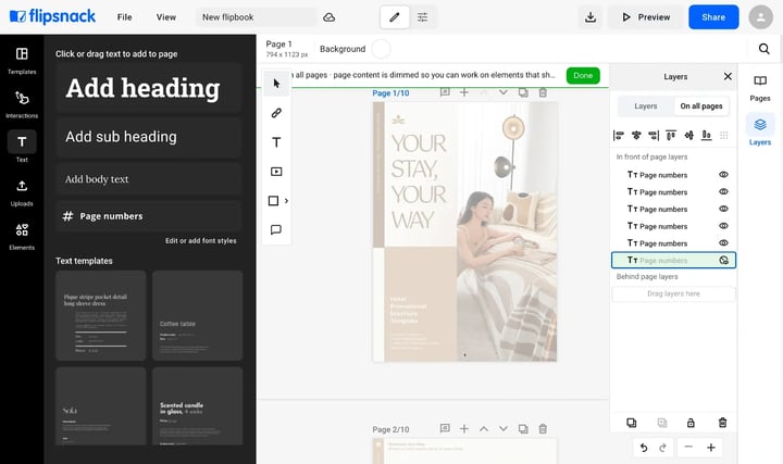 A flipbook cover in the Design Studio with the header master layers hidden, and page 2 below it still showing them