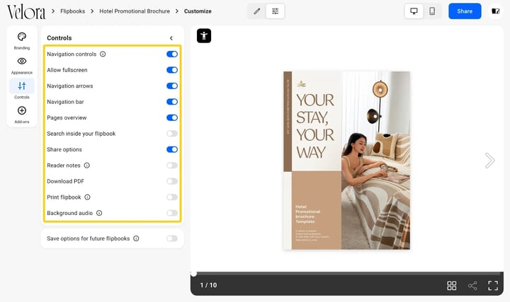The Controls section of the Customize page, listing navigation, sharing, download and audio settings