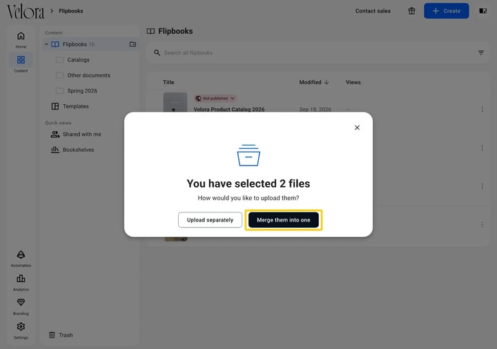 The upload dialog asking whether to merge the selected PDFs, with Merge them into one highlighted