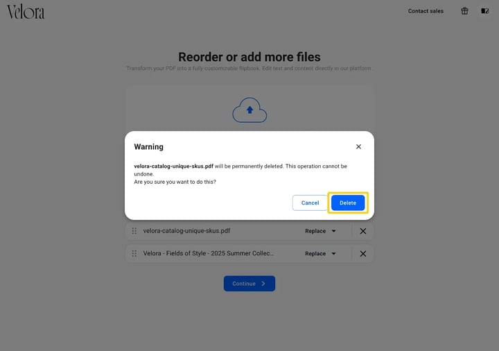 The warning dialog explaining that the file will be permanently deleted, with Cancel and Delete