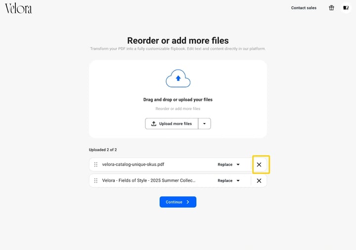 The X remove icon at the right end of a file row on the merge screen