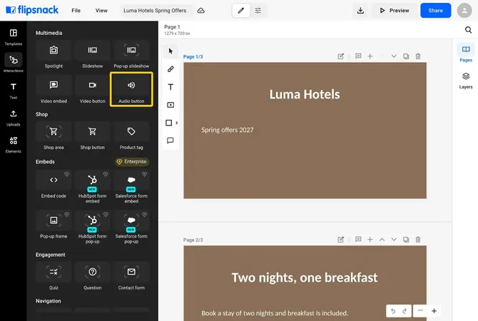 The Interactions tab in the Design Studio with the Multimedia section open and the Audio button highlighted