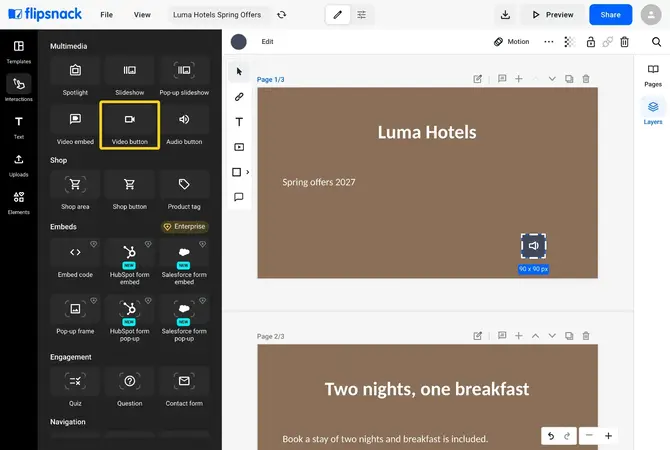 The Multimedia section of the Interactions tab with the Video button highlighted