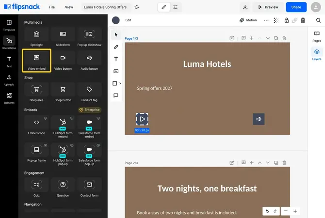 The Multimedia section of the Interactions tab with the Video embed highlighted