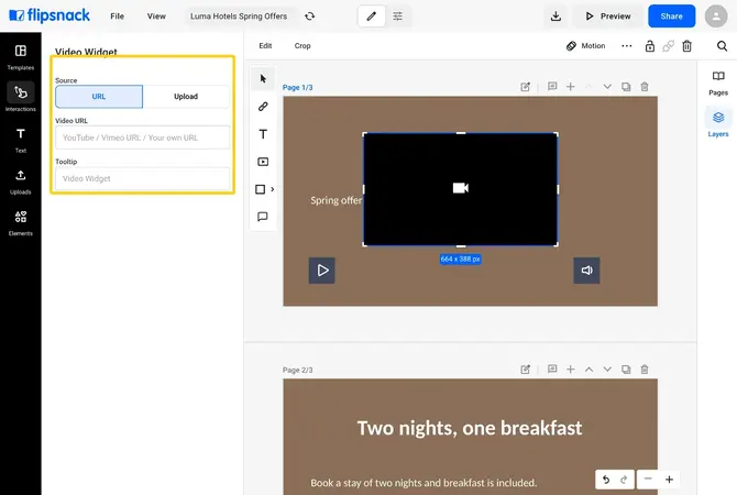 The Video Widget panel with the Source switch, Video URL and Tooltip fields highlighted