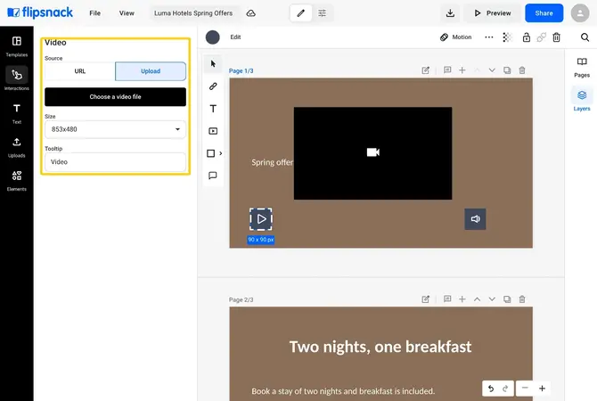 The Video panel with Upload selected and the Choose a video file button