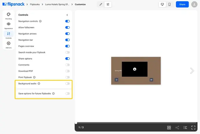 The Controls panel in Customize with Background audio turned on and the Audio file Add button shown
