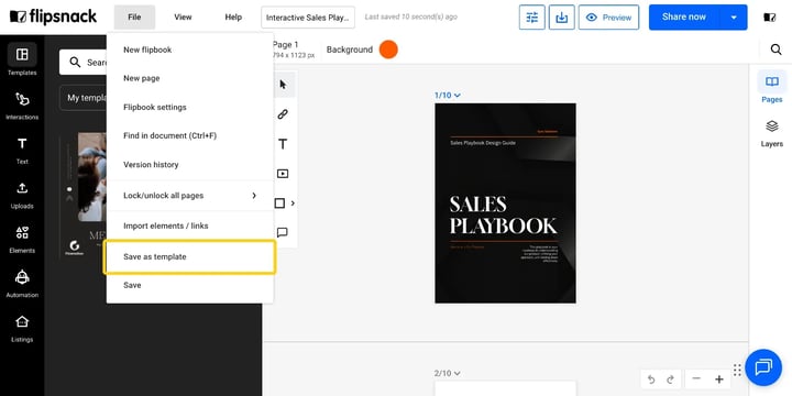 The File menu in Design Studio, open on Save as template.
