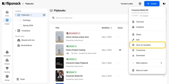 The flipbook card menu with Save as a template highlighted.