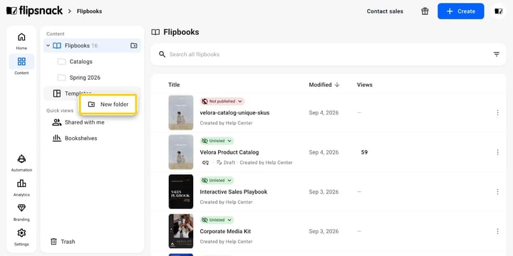 The three-dot menu in the Team section, open on New folder.