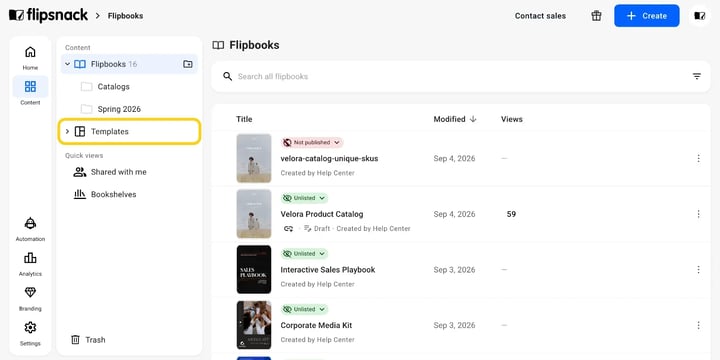 The Team > Templates entry in the Dashboard's left-hand menu.