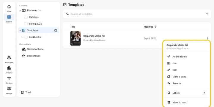 A template's three-dot menu showing Add to teams, Labels and Move to trash.