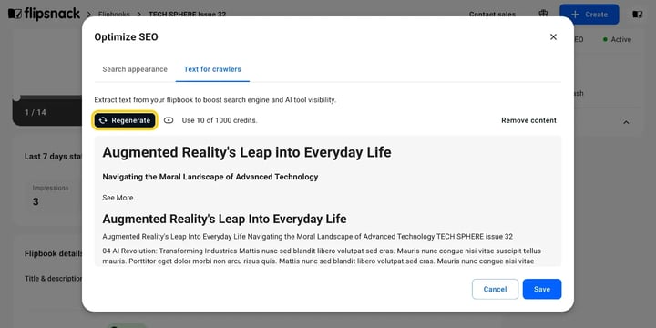 The Regenerate button on the Text for crawlers tab