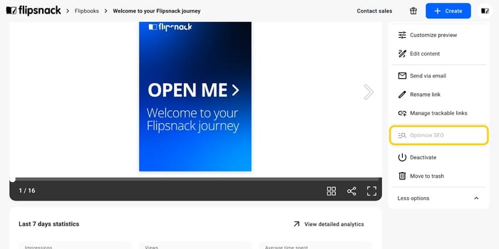 Optimize SEO greyed out, with the Available for public flipbooks only tooltip