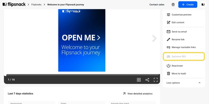 Optimize SEO greyed out, with the Available for public flipbooks only tooltip