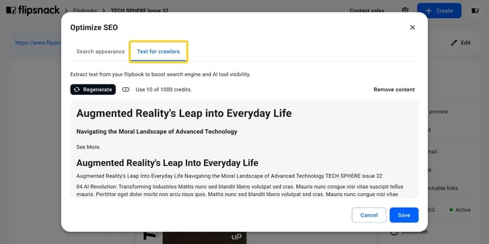 The Text for crawlers tab in the Optimize SEO dialog