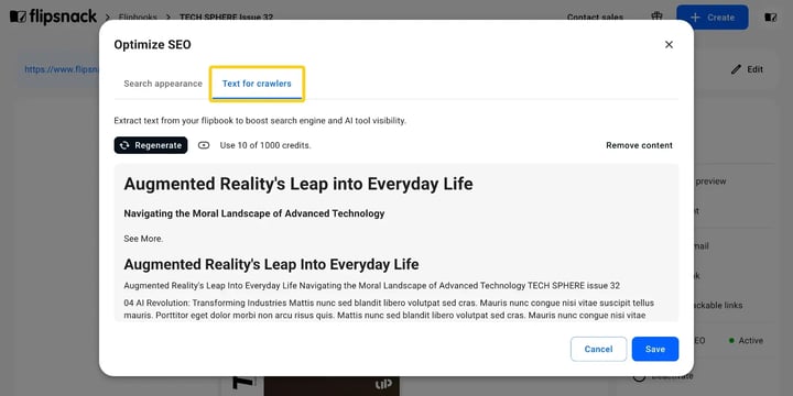 The Text for crawlers tab in the Optimize SEO dialog