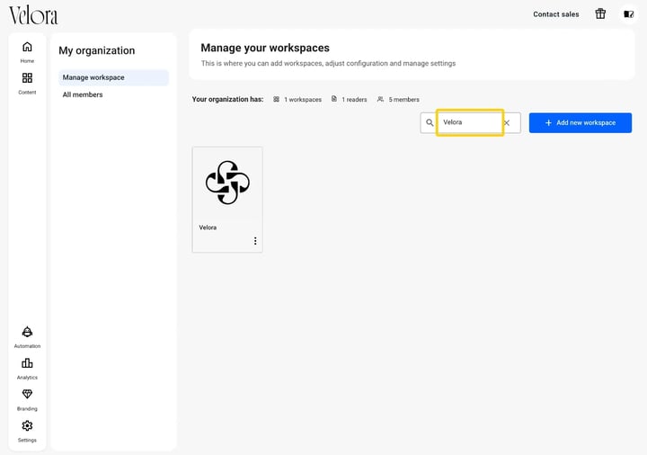 The Manage your workspaces page, with a workspace name typed into the search field beside the Add new workspace button and one workspace shown below.