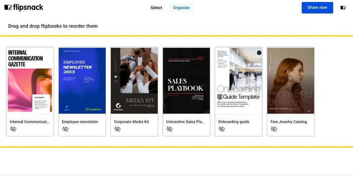 The bookshelf Organize screen, with flipbook covers to drag and drop into reading order, and Share now in the top-right.