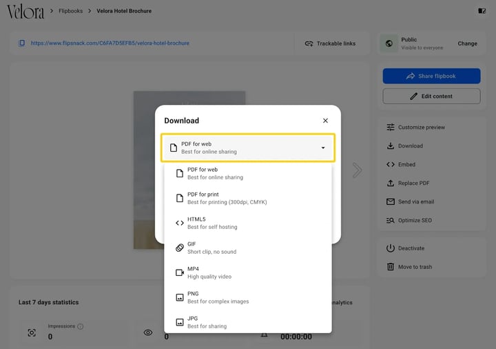 The Download dialog open on a flipbook Overview page, with PDF for web selected and the list showing PDF for print, HTML5, GIF, MP4, PNG and JPG